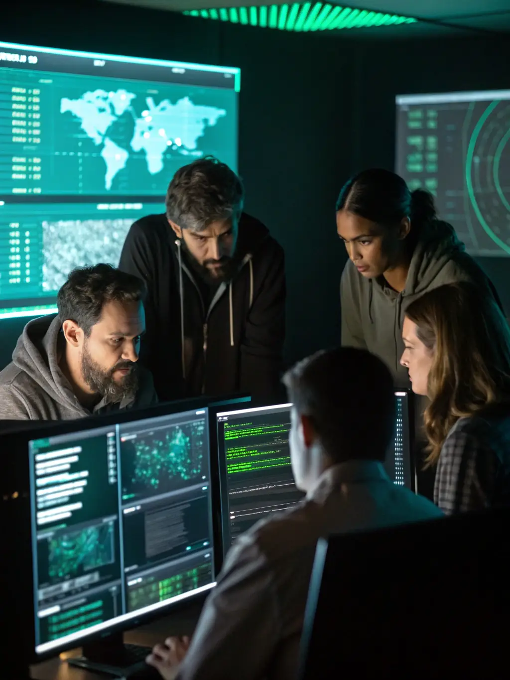 A graphic showing a team of cybersecurity professionals collaborating in a virtual training environment, using Uandor's platform to defend against simulated attacks.