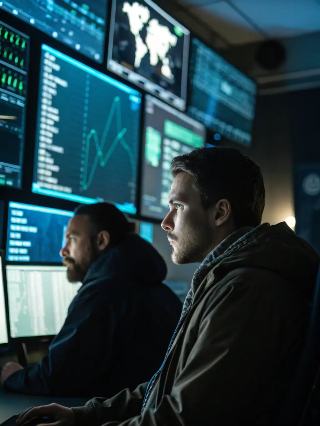 A dynamic image of a cybersecurity team collaborating in a high-tech control room, analyzing real-time threat data on multiple screens, reflecting Uandor's advanced technology.