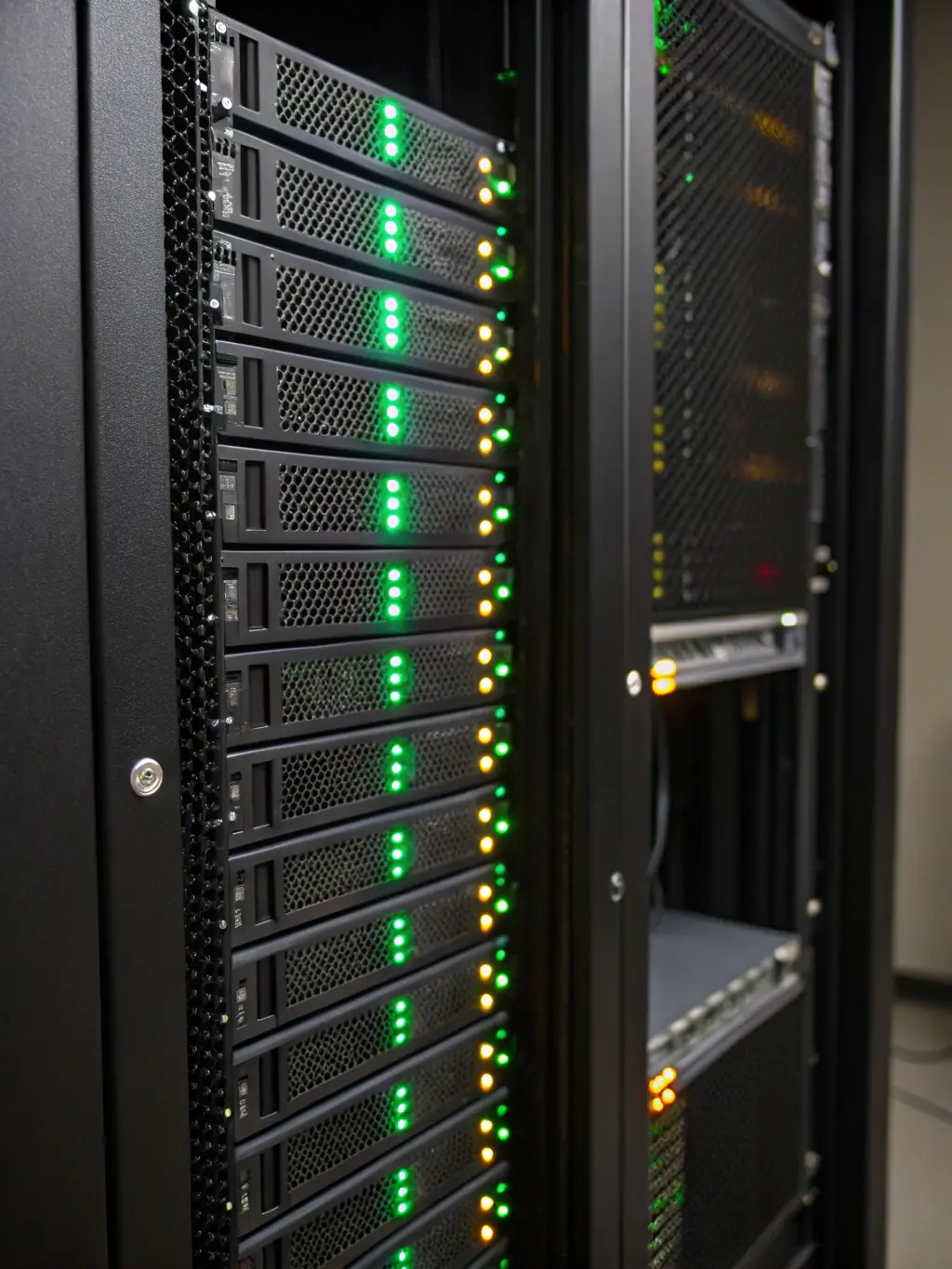 A close-up shot of a server rack with blinking lights, symbolizing the robust infrastructure supporting Uandor's cyber range.