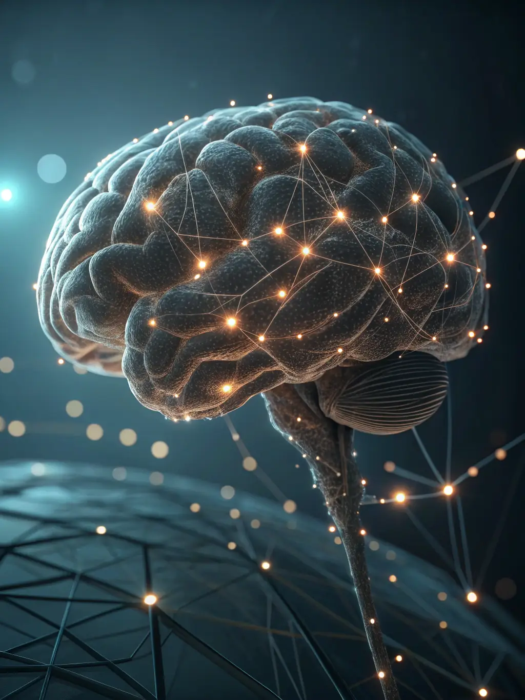 A digital illustration of an AI brain with interconnected nodes, representing the AI-driven persona simulation.